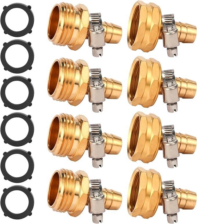 Brass Garden Hose Connector Repair Mender Kit with Stainless Clamp,Fits 1/2" Water Hose Fitting,4 Sets(1/2" Barb x 3/4" GHT)