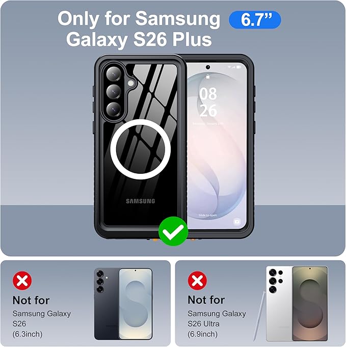 ANTSHARE IP68 Waterproof Case for Samsung Galaxy S26 Plus [2026] - MagSafe Compatible, Built-in Screen/Lens Protector - Shockproof Full Body Protection for Swimming/Outdoor, Black/Clear