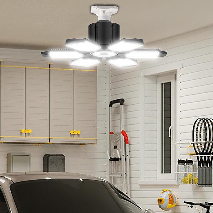 BRAINIAC 100W LED Garage Lights, 10000LM Super Bright Shop Lights with 6 Adjustable Panels, Deformable Garage Ceiling Light Bulb for Workshop, Barn, Basement, Warehouse 2 Pack