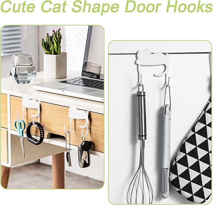 Over Cabinet Door Hooks, 3Pcs Iron Over Door Double Hooks Decorative Cat Over The Cupboard Drawer Hooks Multi-Purpose Hooks for Kitchen Bathroom Bedroom (White)