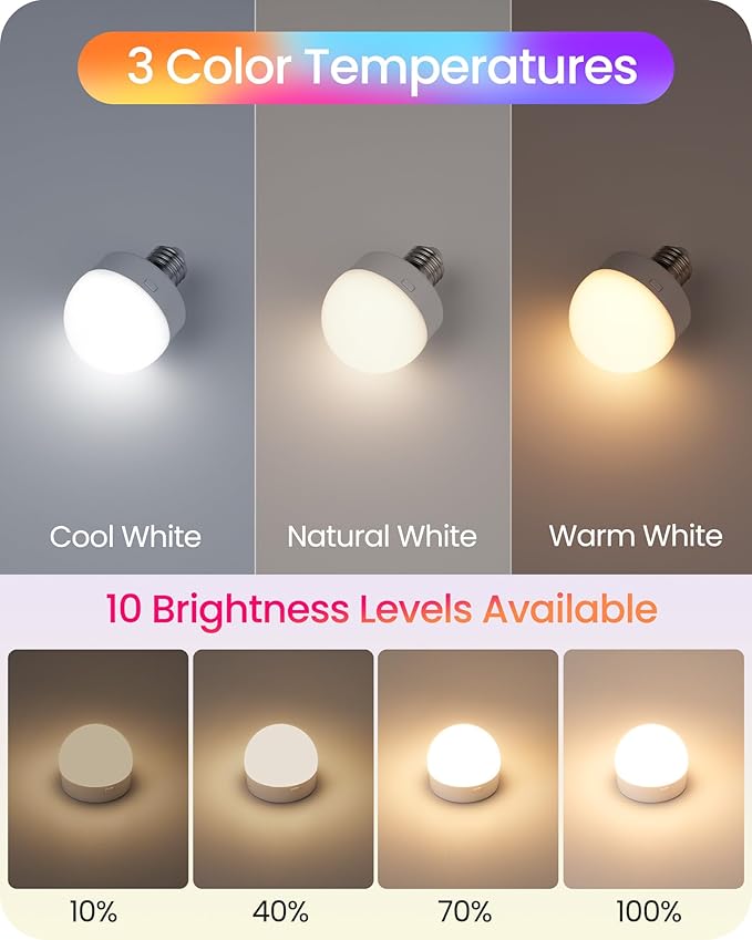 Rechargeable Light Bulbs with Remote Control, 4 Packs Battery Operated Light Bulbs, 3 Timer 15 Colors Selectable, Dimmable Wireless RGB LED Bulb for Wall Sconce, Non-Hardwired, R01YBP406