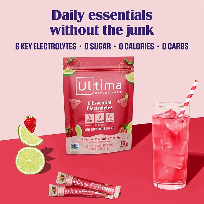 Ultima Replenisher Daily Electrolyte Powder – Strawberry Margarita, 16 Stickpacks – Zero Sugar Hydration Packets with 6 Key Electrolytes and Trace Minerals – Sugar Free & Keto Friendly Drink Mix