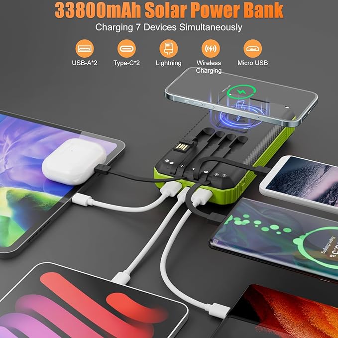 Solar Power Bank 33800mAh with Super Bright LED Flashlight, Built-in 4 Cables & Wireless Charging, Portable Charger with Compass, 7 Outputs & 4 Inputs for Camping/Hiking(Green)