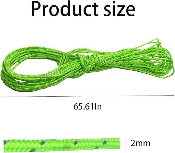 Dyneema Reflective Rope -2mm 400kg Fracture Strain - Suitable for Tents, Kite Surfing, and Other 65 feet (Green, 2mm)