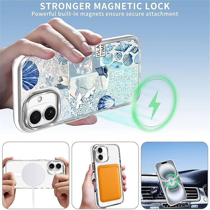 Case for iPhone 16 Plus,[Compatible with MagSafe],Sea Life Ocean Waves Seashell Collage Phone Case Design，for Women Girls Magnetic Clear Cover - Slim, Sleek, & Shockproof Protection