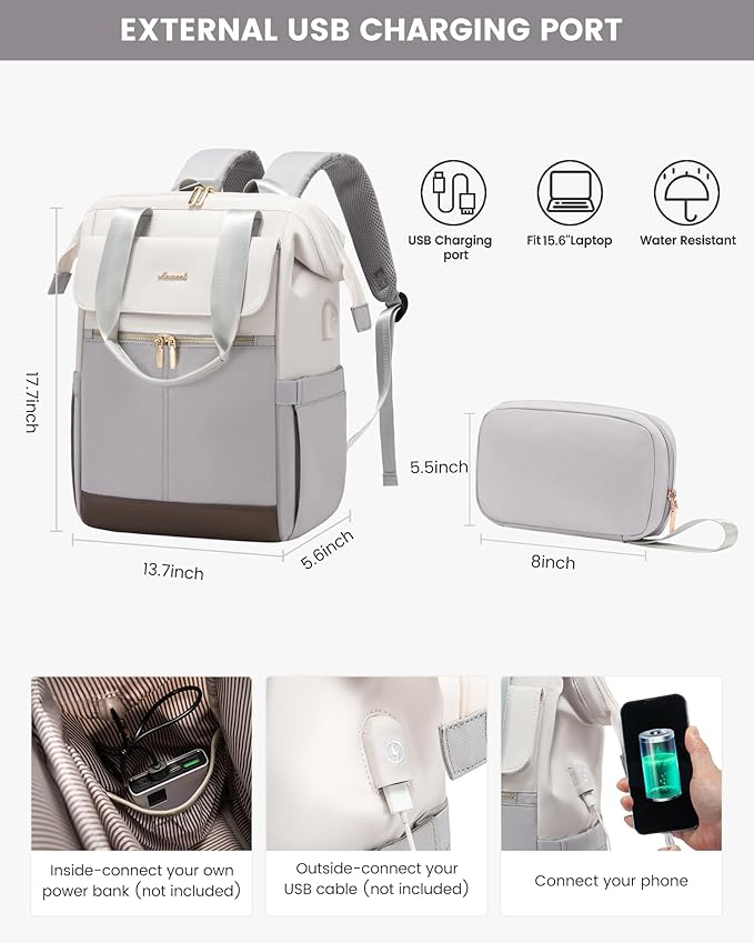 LOVEVOOK Laptop Backpack for Women, 15.6 Inch Work Laptop Bag with USB Port, Fashion Teacher Nurse Backpack Purse, Waterproof Travel Computer Backpack with Organizer Bag, 2PCS, Beige-Light Grey