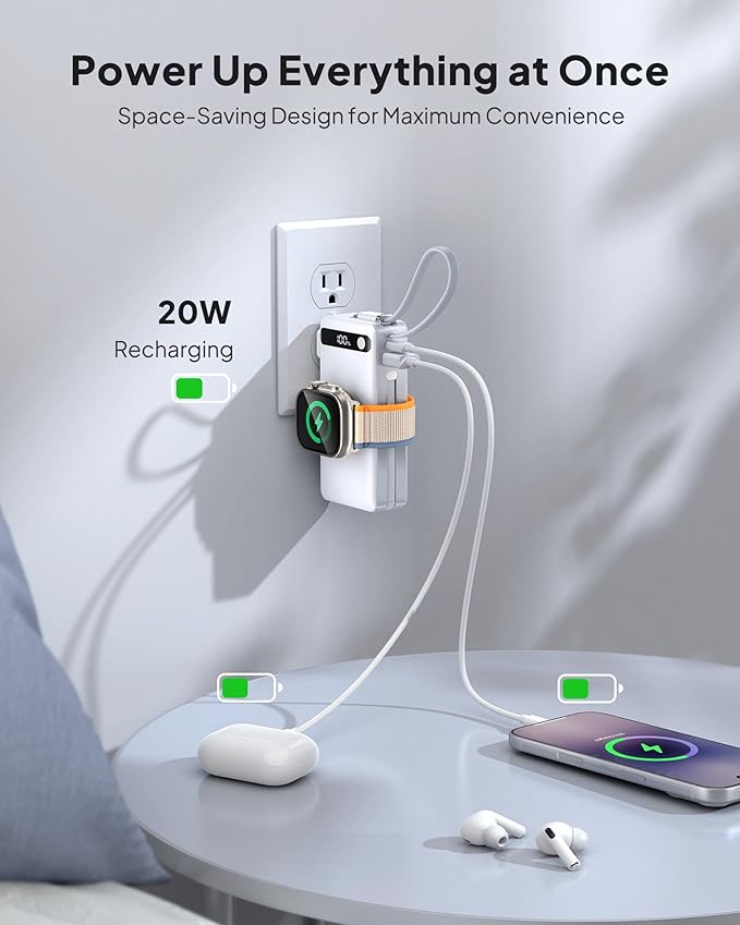 2026 Latest Nano 5-in-1 Portable Charger for iPhone & Apple Watch, 10,000mAh Portable Charger with Built-in AC Wall Plug and Cables, 22.5W Fast Charging USB C Power Bank Travel Essentials Battery Pack