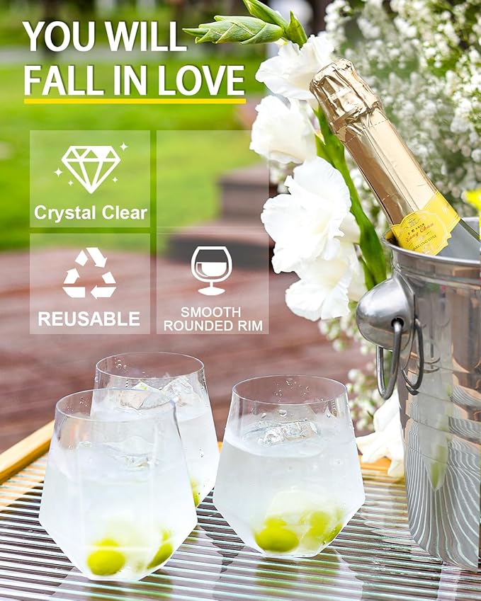 Maaacute 40 Pack Plastic Stemless Wine cocktail Whiskey Champagne Glasses, 12 Oz Disposable Clear Unbreakable Cups for Party Bars Wedding Tasting (Diamond-shaped)