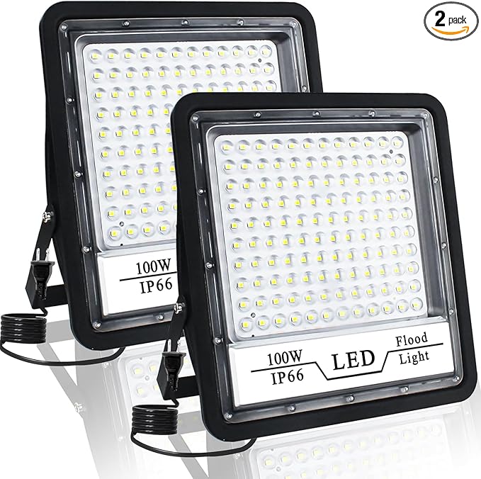 CREATESTAR 2 Pack 100W LED Flood Light Outdoor, 10000LM Bright LED Work Lights Plug in, IP66 Waterproof Exterior Floodlight, 6500K Security Light for Patio, Backyard, Lawn, Stadium, Playground