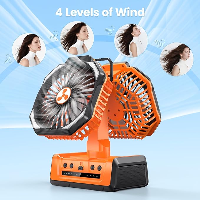 Dual Head Portable Rechargeable Fan 20000mAh Battery Powered Camping Fan Cordless with LED Lantern & Remote, Auto Oscillation, Hook, Battery Operated for Tent Office Travel Picnic Jobsite Orange