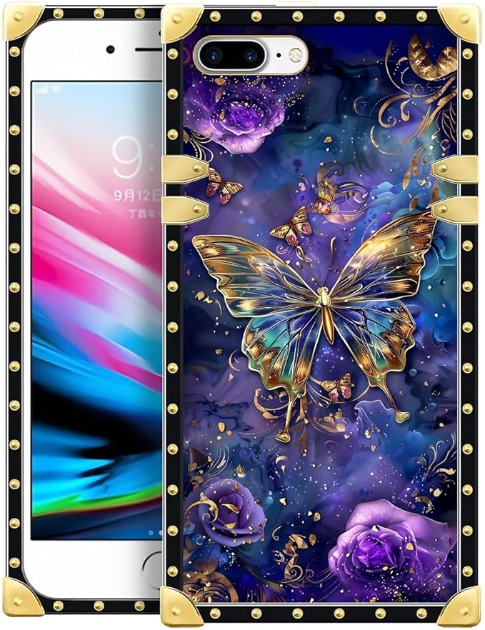 Compatible with iPhone 8 Plus 7 Plus Case, Glistening Golden Butterfly Vibrant Purple Blue Luxury Golden Decoration for Girl Women Soft TPU Shockproof Protective Hard PC Back