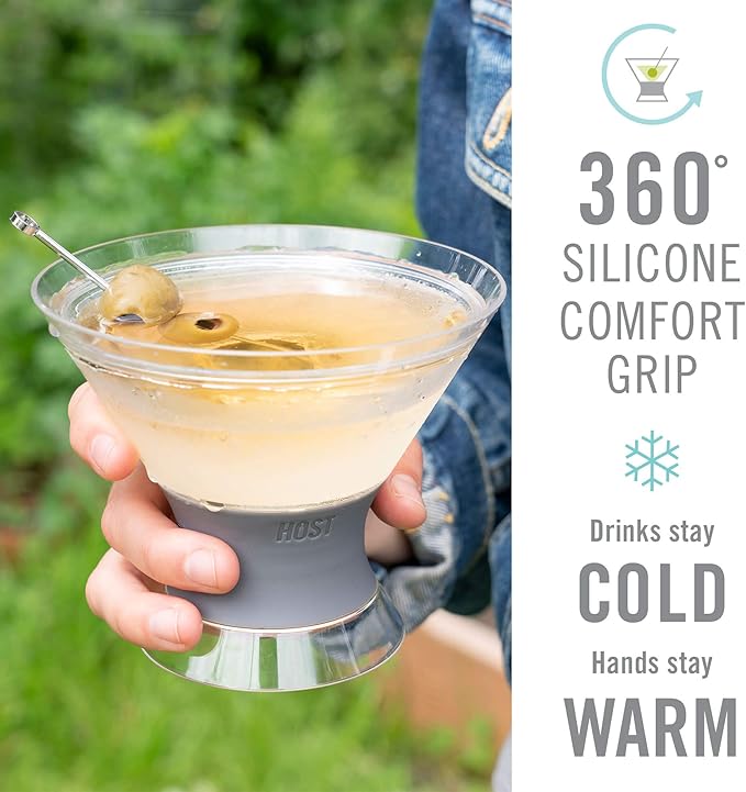 Host Freeze Insulated Martini Cooling Cups for Espresso Martinis, Gifts for Mom, Housewarming Gifts for Women, Plastic Freezer Gel Chiller Double Wall Stemless Cocktail Glasses, Set of 2, 9 oz, Gray