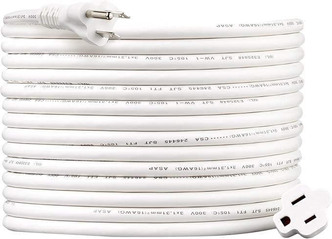 Amazon Basics Extension Cord, 25 Ft, 3 Prong Outlet Extender, Indoor Power Cord, 13 Amps, 125V, White
