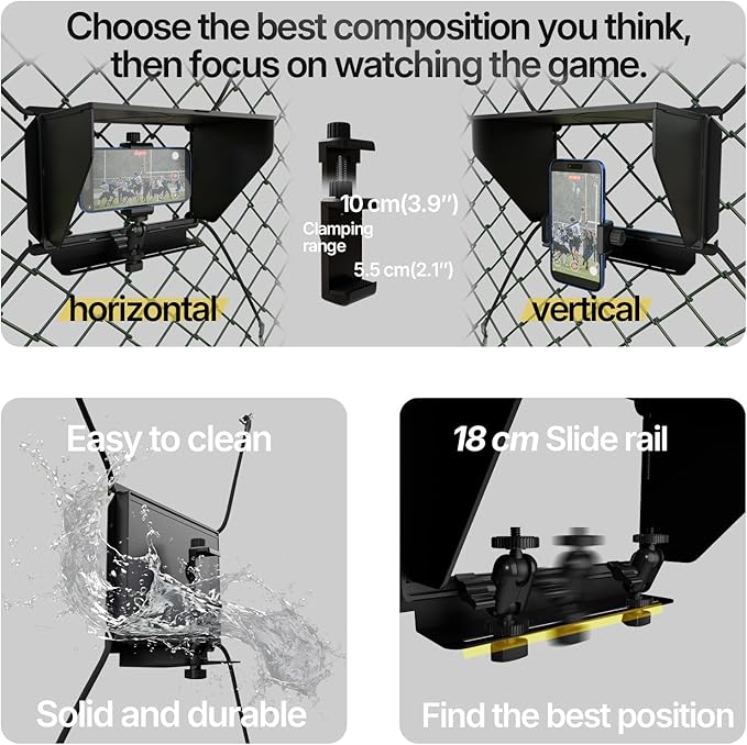 Cell Phone Fence Mount with Shade Game Recording Mounting Kit Compatible with iPhone, Mevo Start, Insta 360 and Other Action Cameras for Recording Baseball (Upgrade Style)