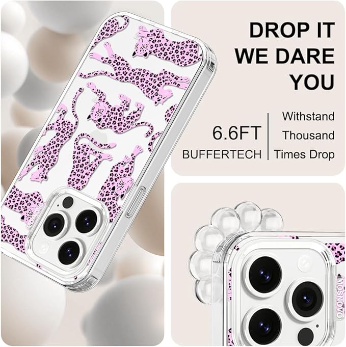 MOSNOVO Case for iPhone 14 Pro, [Buffertech 6.6ft Military-Grade Drop Protection] [Anti Peel Off Tech] Clear TPU Bumper Phone Case Cover Design - Pink Leopard