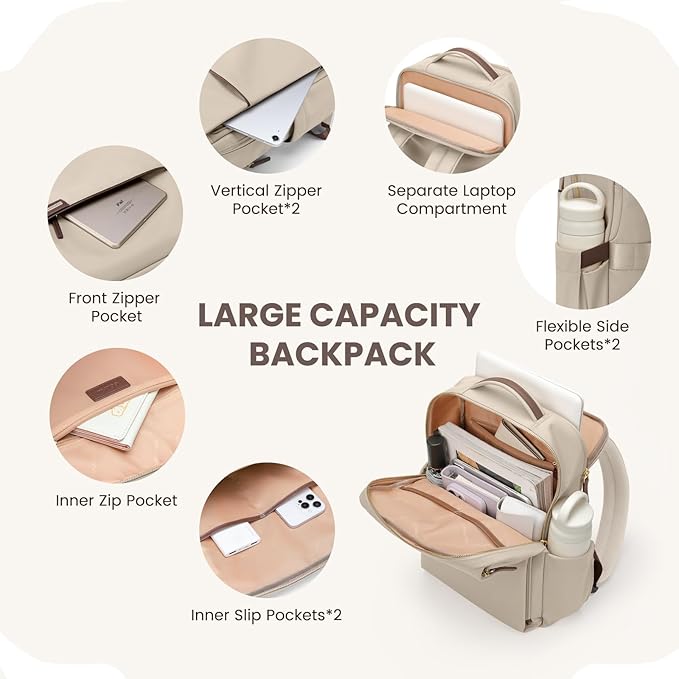 Laptop Backpack for Women, Work Business Traval Computer Backpacks with Laptop Compartment Waterproof Casual Daypack for Travel College,14Inch,Apricot