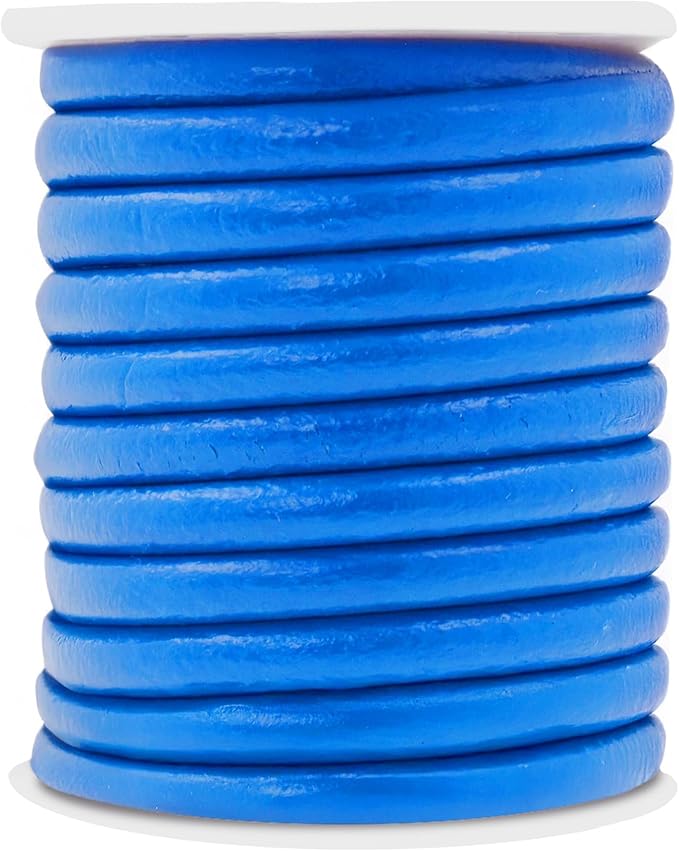 Mandala Crafts Round Genuine Blue Leather Cord for Jewelry Making – 6mm Cowhide Leather Rope String Lace for Kumihimo – 4.4 Yards Cowhide Craft Cording Spool