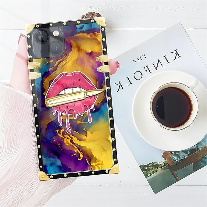Compatible with iPhone 15 Case, Cool Corlorful Lip Marble Luxury Golden Decoration for Girl Women Soft TPU Shockproof Protective Hard PC Back for iPhone 15