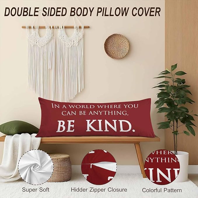 Inspirational Quotes Body Pillows Covers for Adults, Be Kind Large Body Pillow Covers Lumbar Body Pillow Case 20"X54" Body Pillowcase Cushion Cover for Home Bedroom Office Hotel, Red