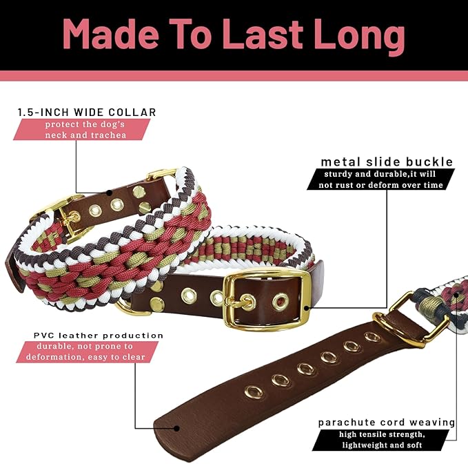 Rustic Autumn Weave Braided Paracord Wide Dog Collar, Adjustable Collar for Medium Large Dogs, Stylish Pet Gear for Boys Girls Dog, XL
