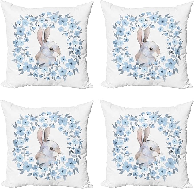 Ambesonne Watercolor Flower Decorative Throw Pillow Case Pack of 4, Bunny Rabbit Portrait in Floral Wreath Illustration Country Style, Cushion Cover for Couch Living Room Car, 24", Blue White