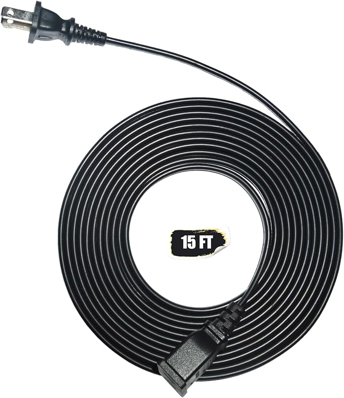 2 Prong Extension Cord for Indoor/Outdoor Use 15ft Long - Ideal for Christmas Lights, Lamps, Cameras, Household Appliances-Black
