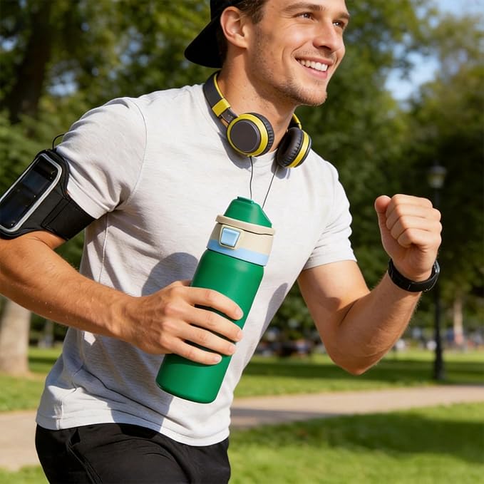 Fijinhom 24 oz Insulated Water Bottle with 2-in-1 Straw and Spout Lid, Stainless Steel Double Wall Vacuum Flask, Sports Water Bottle Keeps Cold 24H, Leak Proof for Gym, Outdoor, Travel (Green)