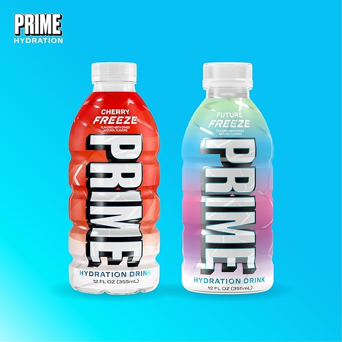 PRIME Hydration Cherry Freeze & Future Freeze Sports Drinks with Coconut Water, Electrolyte Enhanced to Replenish Fluids, Zero Added Sugar, B Vitamins, Antioxidants, Natural Flavors, 12 Fl Oz 24 Pack