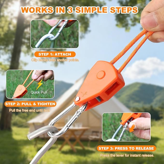 Longer 14ft Retractable Paracord Rope Tie Down Ratchet Strap Small Straps Mini Rope Cam Lock Tent Canopy Tie Down Adjustable Outdoor Windproof Tightener Tensioner Hanger Grow Light 6 Pack 1/8"