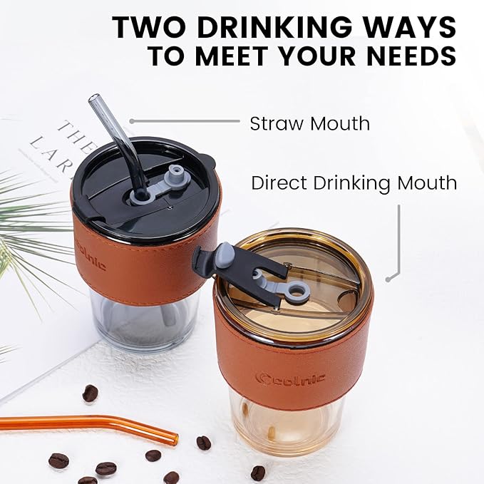 2 PCS Iced Coffee Cups with Lids, 15Oz/450ml Glass Cups With Lids and Straws, Iced Coffee Glasses Tumbler, Thick Wall Glass Mug For Tea Water With 2 Straw And Leather Sleeve, Xmas Gifts (Amber)