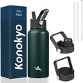 Konokyo 32 oz Insulated Water Bottle Stainless Steel Sport Bottles with 3 Lids,Army Green