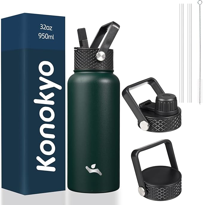 Konokyo 32 oz Insulated Water Bottle Stainless Steel Sport Bottles with 3 Lids,Army Green