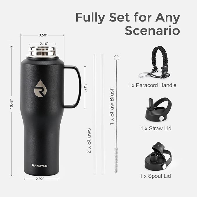 RAYMYLO 32oz Stainless Steel Water Bottle (Cold for 48 Hrs, Hot for 24 Hrs), Triple Wall Vacuum Insulated Water Bottle with Straw Lid, Spout Lid and Paracord Handle, Leakproof, Fit in Any Car Cup