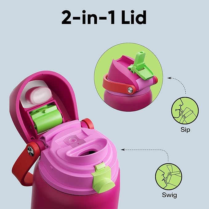 Insulated Water Bottle with Straw - Encool Stainless Steel Water Bottle with Push Button Lid, Leak-Proof & BPA-Free, Keeps Cold for 24 Hours for Sports, Travel, Gym (32 oz, Cerise Pink)