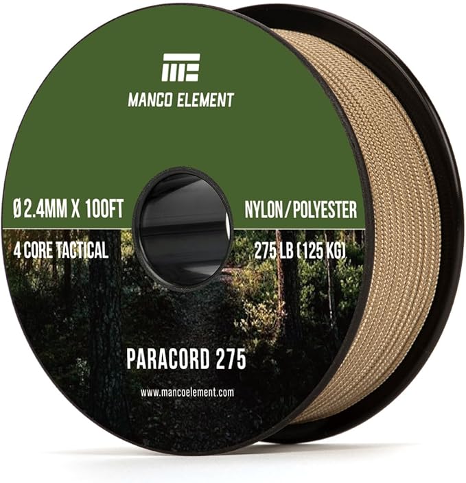 2.4mm Paracord 275LBS 100FT Rope Cord - 4 Strand, Nylon & Polyester, Abrasion Resistance - Tan