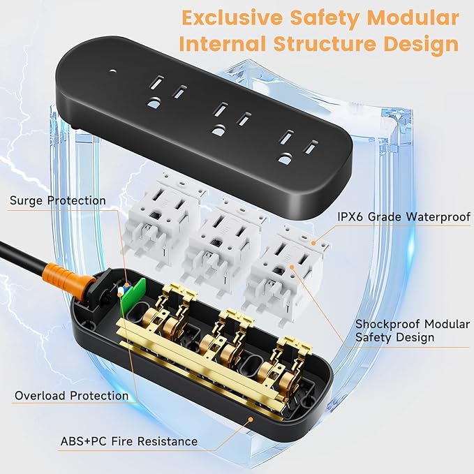 Outdoor Surge Protector Power Strip Weatherproof, 3 FT Extension Cord Outdoor Power Strip Waterproof with 3 AC Outlets, 1625W Overload Protection, for Camping, Home, Dorm, Office