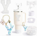 6PCS White Stanley Cup Accessories Set Fit for Stanley Cup 30oz 40oz. Including Handle Charm, Personalized Initial Sticker, Straw Topper, Sparkly Silicone Boot, Spill Proof Stopper (Letter-Y)