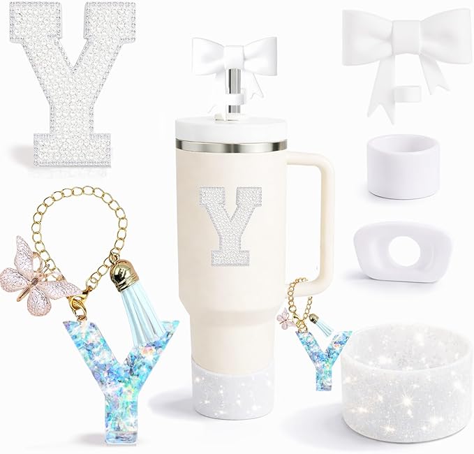 6PCS White Stanley Cup Accessories Set Fit for Stanley Cup 30oz 40oz. Including Handle Charm, Personalized Initial Sticker, Straw Topper, Sparkly Silicone Boot, Spill Proof Stopper (Letter-Y)