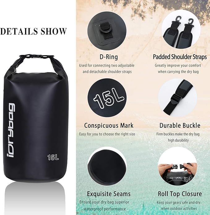 IDRYBAG Dry Bag for Kayaking Waterproof 2L/5L/10L/15L/20L, Small Dry Sack Waterproof Bag for Boating