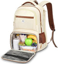 MATEIN Backpack Lunch Bag for Women, Sturdy Teacher Nurse Insulated Cooler Backpack for Work College Commute Travel, Stylish Cute 17 Inch Laptop School Bag with Lunch Compartment, Beige-Brown