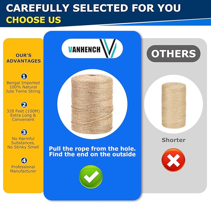 Vanhench Jute Twine 3mm x 328ft (100m), Jute Rope for Crafts Gardening Garden Plant Gift Wrapping Arts & Crafts Art Decoration Packing Material Christmas Twine Bulk Heavy-Duty (Brown)