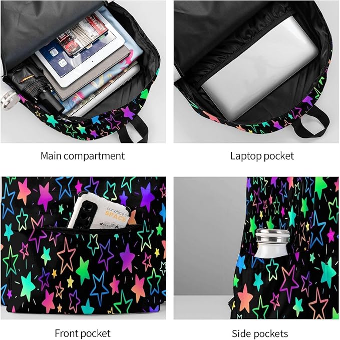 cfpolar 17 Inch Backpack Bright Neon Stars Laptop Bag Shoulder Bag School Bookbag Casual Daypack For Boys Girls