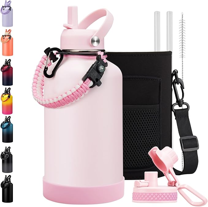 BENZZO 64 oz Insulated Water Bottle with Straw & Auto Spout Lid Protective Boot - Half Gallon Water Bottle Keep Cold 48Hrs & Hot 24 Hrs, Stainless Steel 1/2 Gallon Water Jug for Sports Gym Work