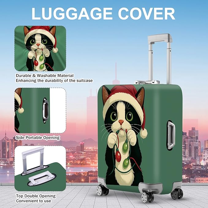 ANNA QUEEN Christmas Cat Luggage Cover, Cute Santa Cat with Light String Suitcase Protector, Stretchable Washable Travel Sleeve for 24-26 Inch Luggage
