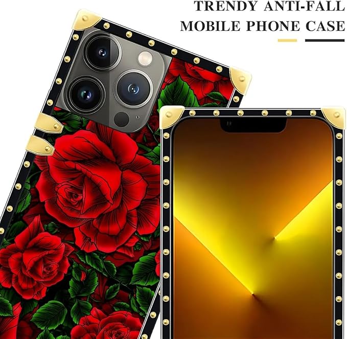 Compatible with iPhone 13 Pro Max Case, Vector Red Rose Green Leaf Luxury Golden Decoration for Girl Women Soft TPU Shockproof Protective Hard PC Back for iPhone 13 Pro Max