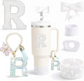 6PCS White Stanley Cup Accessories Set Fit for Stanley Cup 30oz 40oz. Including Handle Charm, Personalized Initial Sticker, Straw Topper, Sparkly Silicone Boot, Spill Proof Stopper (Letter-R)