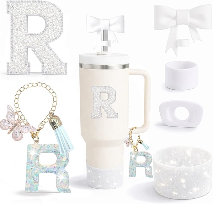 6PCS White Stanley Cup Accessories Set Fit for Stanley Cup 30oz 40oz. Including Handle Charm, Personalized Initial Sticker, Straw Topper, Sparkly Silicone Boot, Spill Proof Stopper (Letter-R)