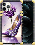 Compatible with iPhone 12 12 Pro Case, High Heeled Purple Diamond Rose Luxury Golden Decoration for Girl Women Soft TPU Shockproof Protective Hard PC Back for iPhone 12 12 Pro
