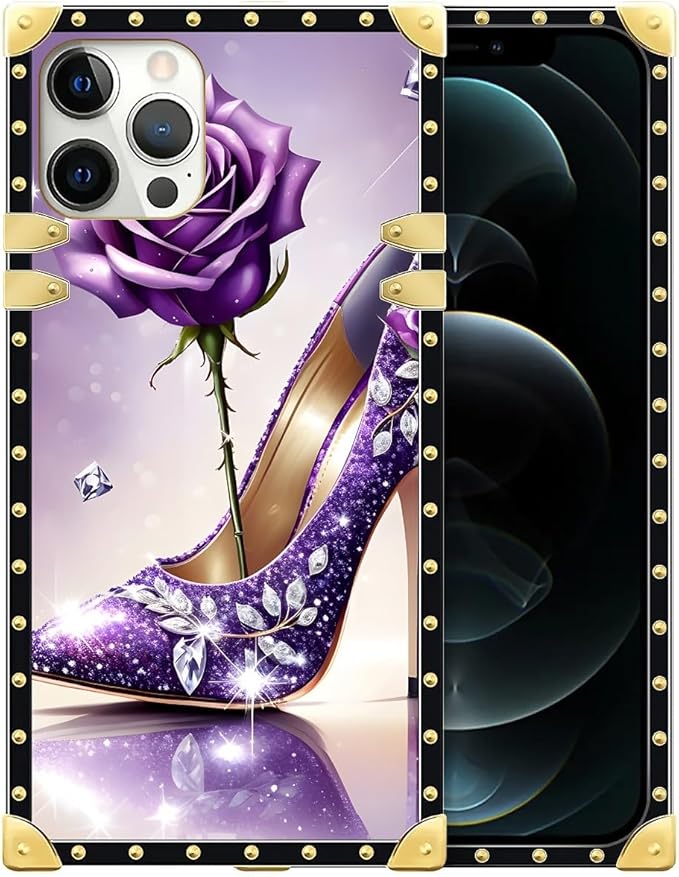 Compatible with iPhone 12 12 Pro Case, High Heeled Purple Diamond Rose Luxury Golden Decoration for Girl Women Soft TPU Shockproof Protective Hard PC Back for iPhone 12 12 Pro