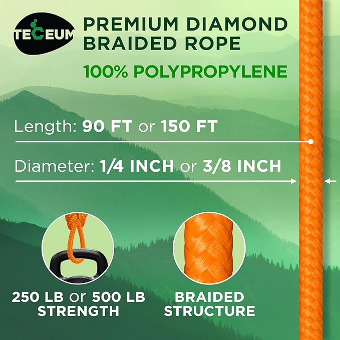 TECEUM Rope – 150 Feet x 1/4 Inch (7mm) – Orange Yellow – Strong All-Purpose Utility Rope – Camping, Crafting, Flag Pole, Indoor & Outdoor – Polypropylene Nylon Poly Lightweight Diamond Braided Cord